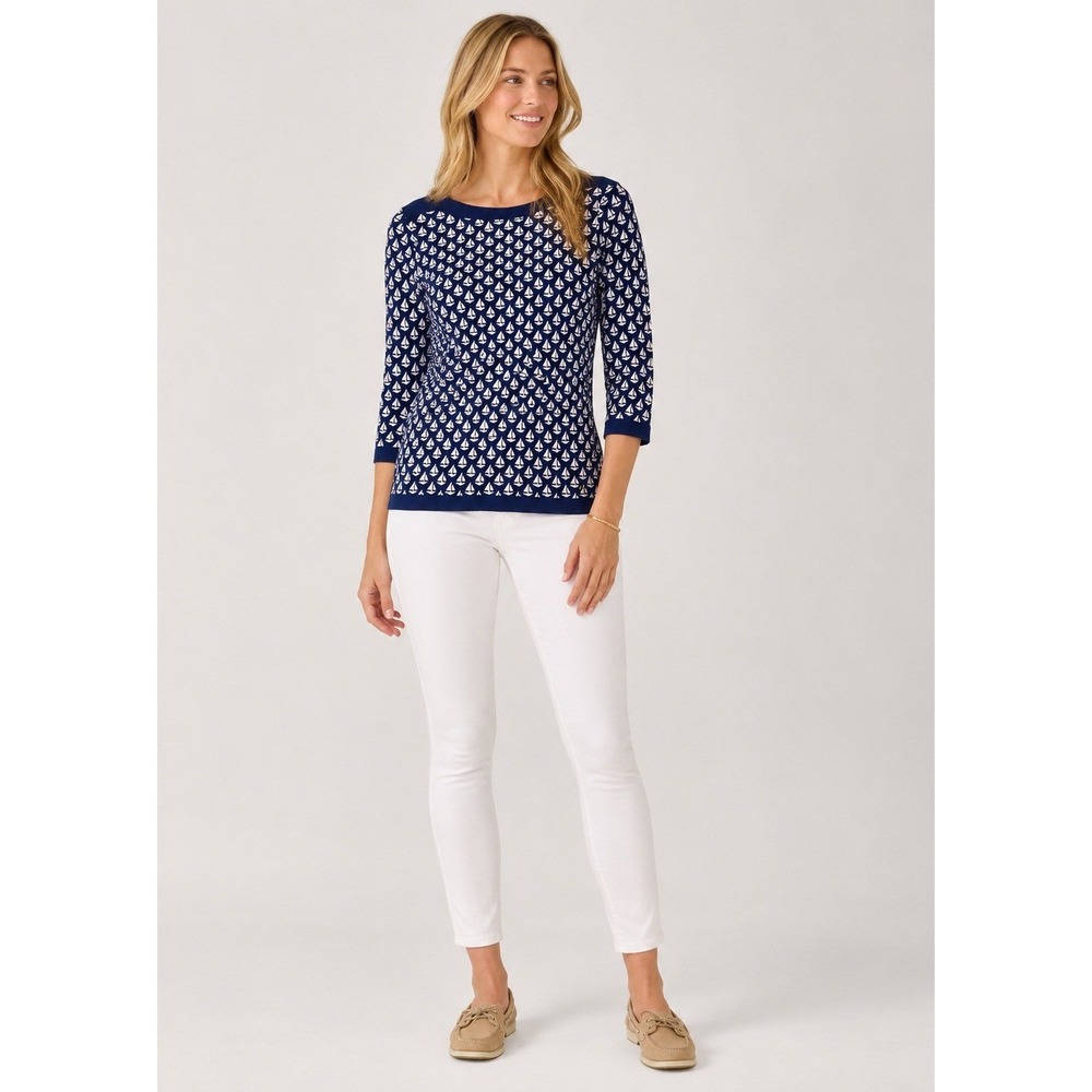 Tommy Hilfiger Top Womens S Blue Tan Sailboat Print Boat Neck Cotton Modal